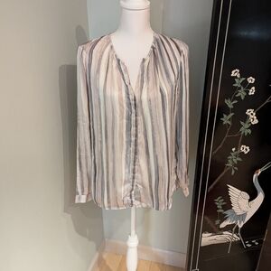 Ecru Medium 100% Silk Gray Beige Stripe V Neck Long Sleeve Blouse FLAWS 127